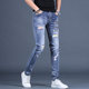 Blue ripped men's jeans men's trendy brand slim fit small feet elastic trend 2024 summer casual long pants trend