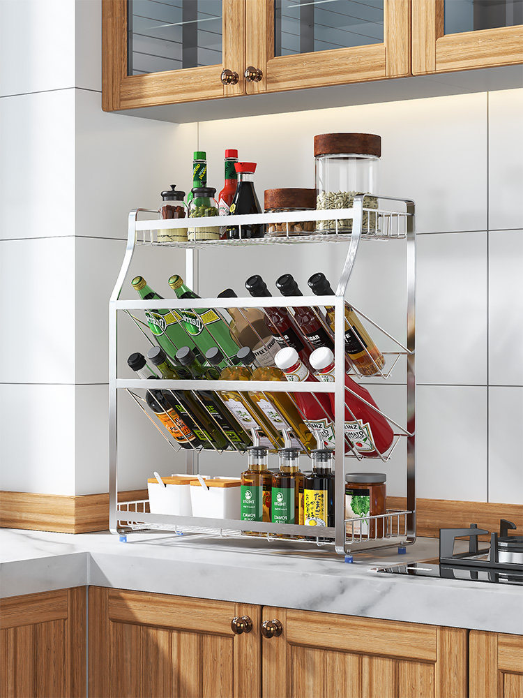 Kitchen shelf Oblique seasoning tank rack 304 stainless steel wall-mounted countertop condiment oil, salt, sauce and vinegar storage shelf