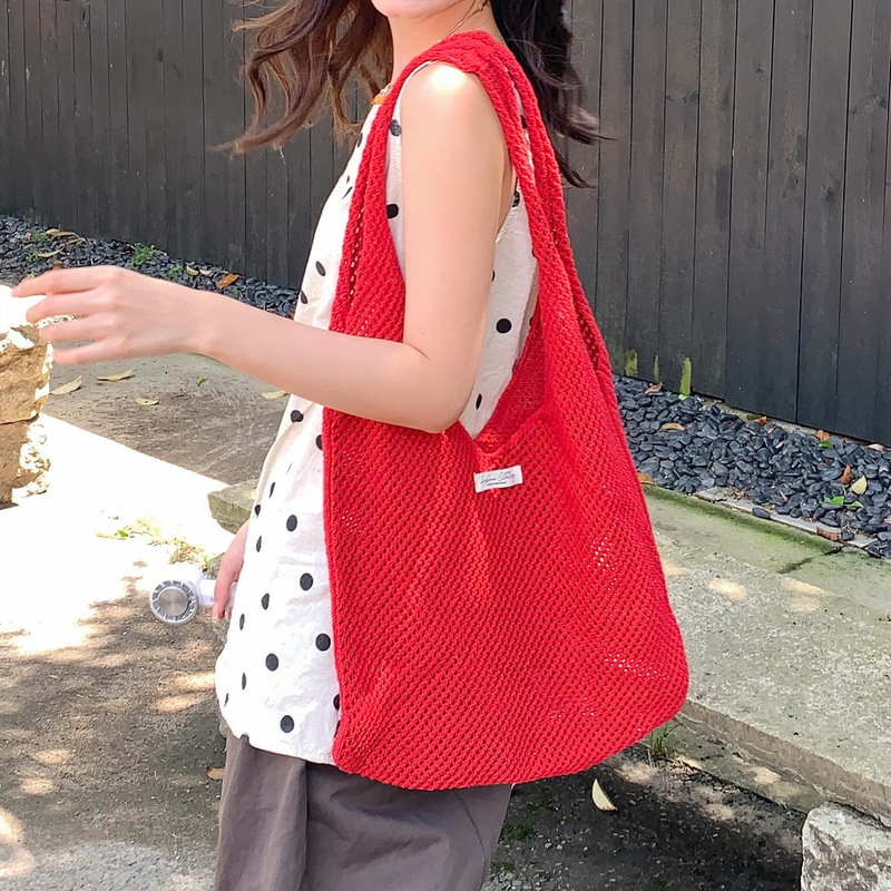 [My Head Is Not Round] Red Woven Bag for Women, New Summer Shoulder Bag, Tote Bag, Mesh Bag, Versatile Handbag