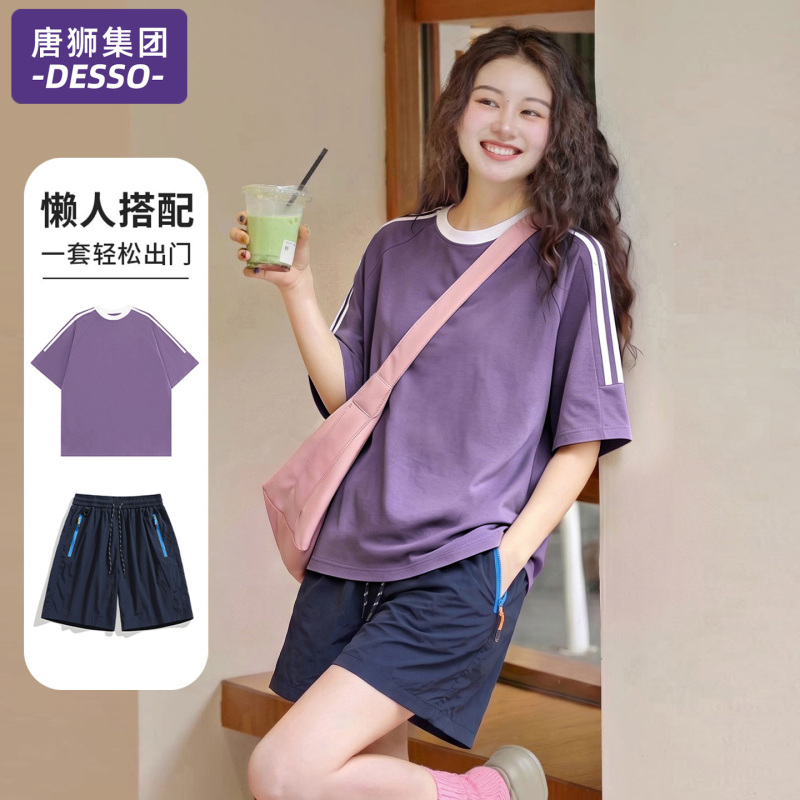 Tangshi Group Sports Suit for Women 2026 New Summer Fashion Thin Short-Sleeved T-Shirt and Shorts Casual Two-Piece Set Tangshi Group Sports Suit for Women 2026 New Summer Fashion Thin Short-Sleeved T-Shirt and Shorts Casual Two-Piece Set