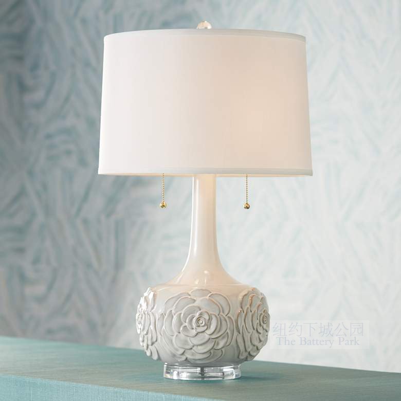 Spot New York Lower City Park Import white porcelain flower embossed bright glazed ceramic double lamp head decorated table lamp Living room Bedroom-Taobao