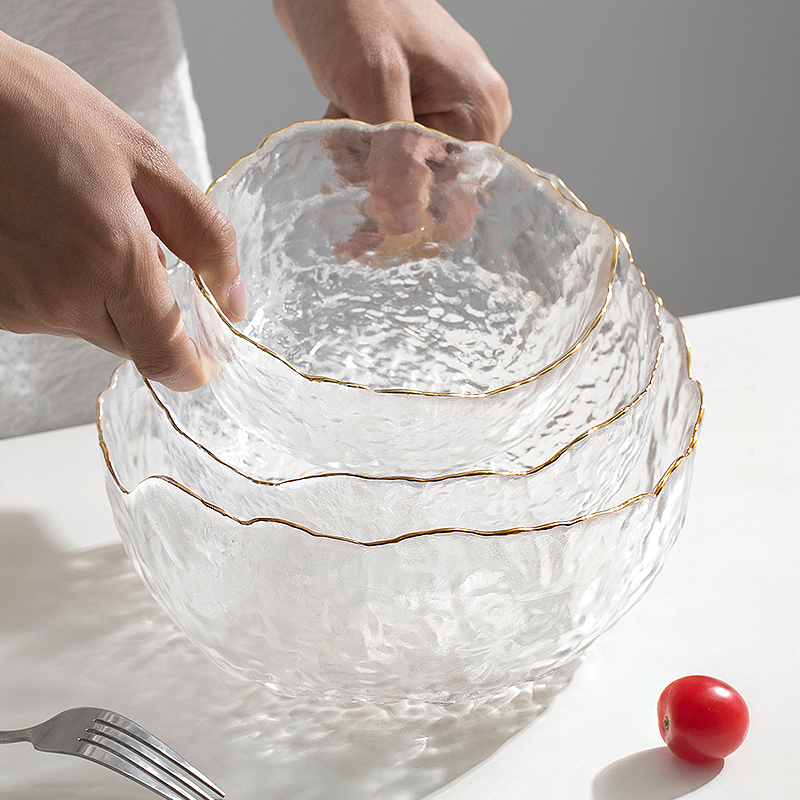 Nordic Imported Japanese-Style Transparent Glass Bowl and Plate Set for Home Use, Light Luxury Gold-Rimmed Fruit Plate, Trendy Crystal Salad Bowl Nordic Imported Japanese-Style Transparent Glass Bowl and Plate Set for Home Use, Light Luxury Gold-Rimmed Fruit Plate, Trendy Crystal Salad Bowl