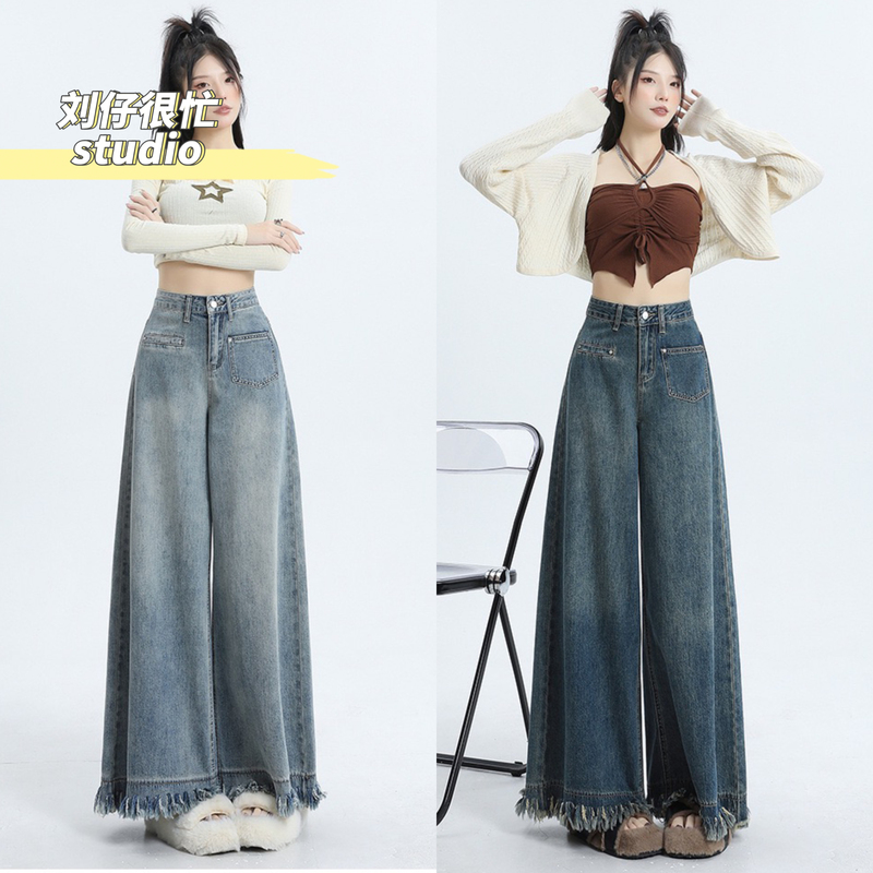 Liu Zai Is Very Busy | Raw Edge Vintage Wide-Leg Jeans for Women, Autumn and Winter 2026 New Design, Loose Fit with a Stylish Waist