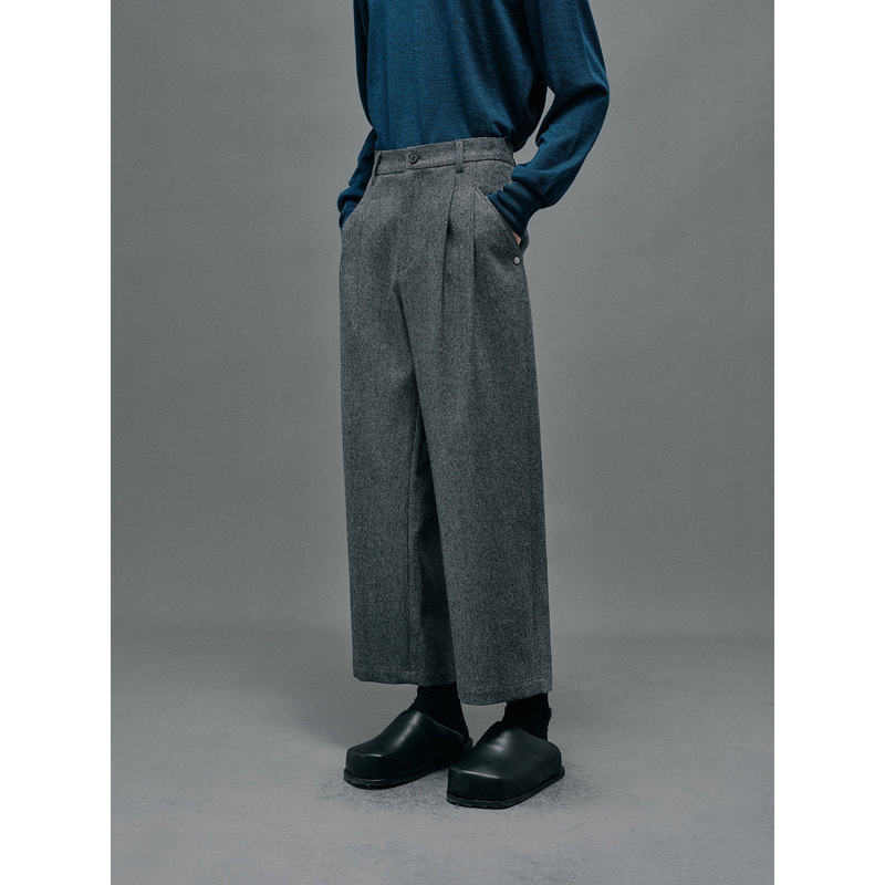 【Nans】Wool Blend Mixed Color Twill Texture Classic Double Pleated Semi-Elastic Waist Straight Casual Cropped Pants