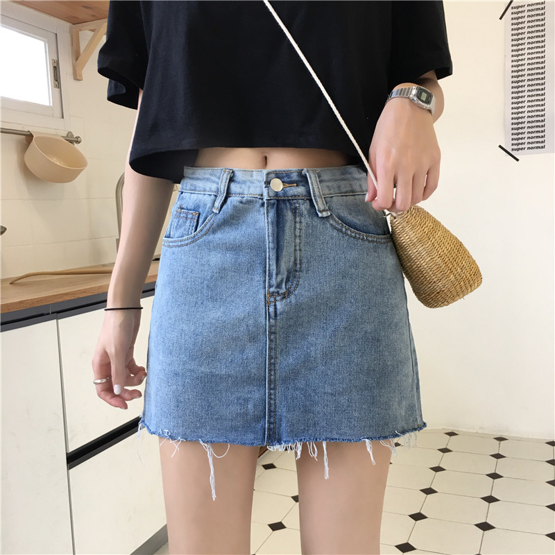 Hồng Kông phong cách retro một từ váy eo cao nữ 2019 phổ biến mùa hè denim váy ngắn chống sáng quần váy bước váy - Váy chân váy xếp ly dài cho người thấp