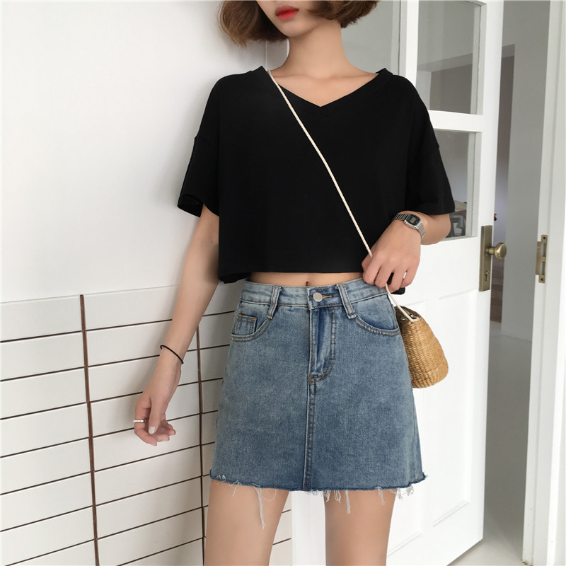 Hồng Kông phong cách retro một từ váy eo cao nữ 2019 phổ biến mùa hè denim váy ngắn chống sáng quần váy bước váy - Váy chân váy xếp ly dài cho người thấp