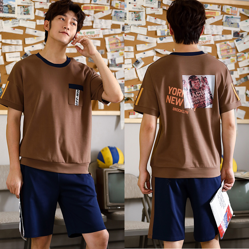 Casual Thư Pyjama Mens Summer bông ngắn tay áo Slim Teen Student Sourcotton Home Mang Set ngày.