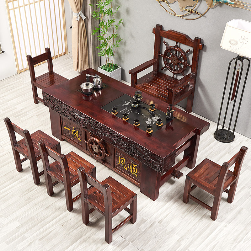 Old Ship Wood Solid Wood Tea Table And Chairs Combined Office Tea Desk Home Brief Modern Integrated Kung Fu Tea Table