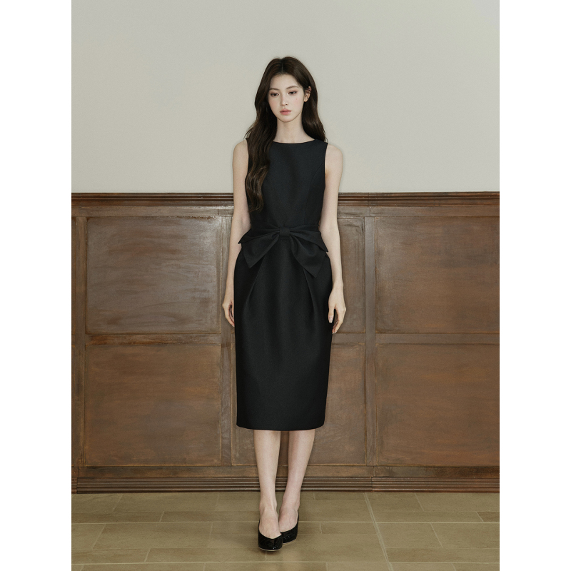 Avenement/French-Style Large Bow Bud Dress, Sleeveless Round Neck Dress, Mid-Length Dress, Formal Dress for Women