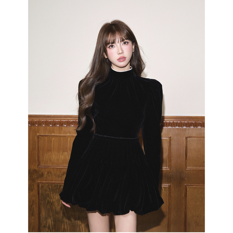 Avenement/Black French Velvet Lace Long-Sleeved Waist-Cinching Slimming Flower Bud Skirt Dress for Women in Autumn and Winter