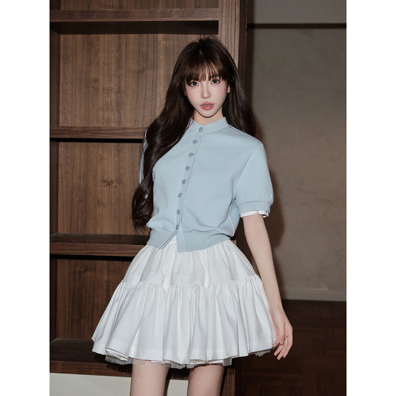Avenement/ Slim-Fit Waist-Cinching Color-Blocked Faux Two-Piece Short-Sleeve Cardigan Top Short Jacket for Women, Spring and Autumn