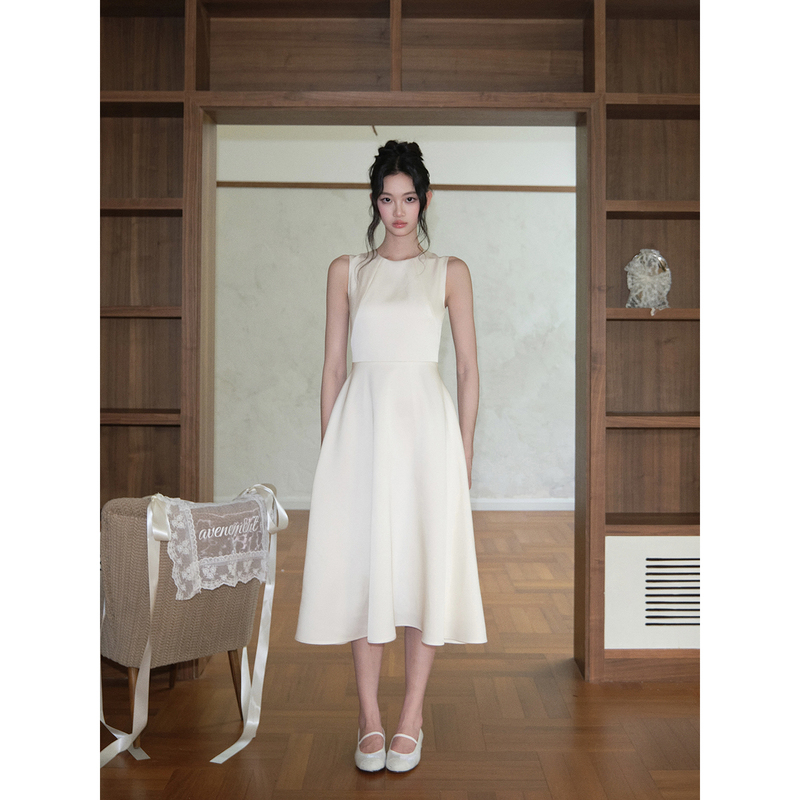 Avenement/Acetate Fiber Sleeveless Hepburn Dress/Round Neck Waist-Cinching Long Dress A-Line Skirt Umbrella Skirt Women's Summer Dress