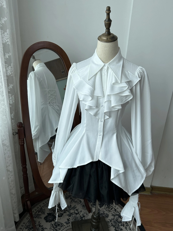 Asymmetrical Hem Shirt Lolita Gothic Style Niche Shirt Slim Fit Waist-Cinching Slimming Long-Sleeve Top Vintage Base Shirt for Women