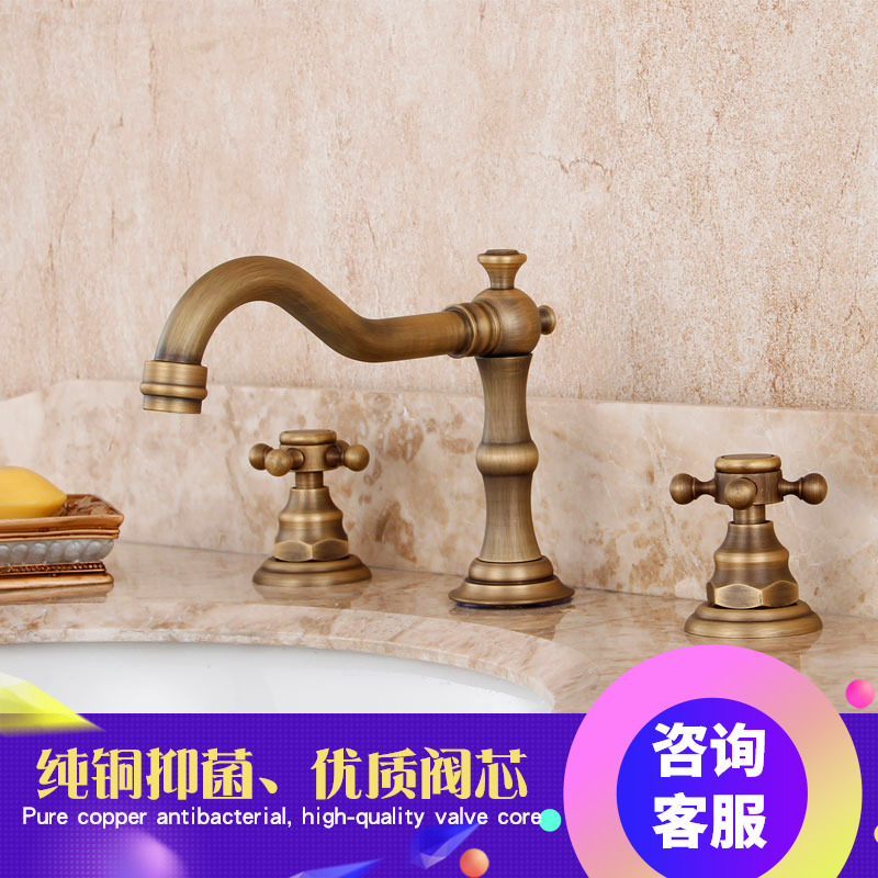 European antique wash basin double three-hole faucet All copper retro basin hot and cold three-piece set of under-table basin faucet