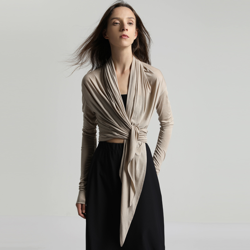 Jiaxuli Original Design Women's Clothing Niche Asymmetrical Tie-Up Multi-Wear Long-Sleeve Cardigan Versatile Top