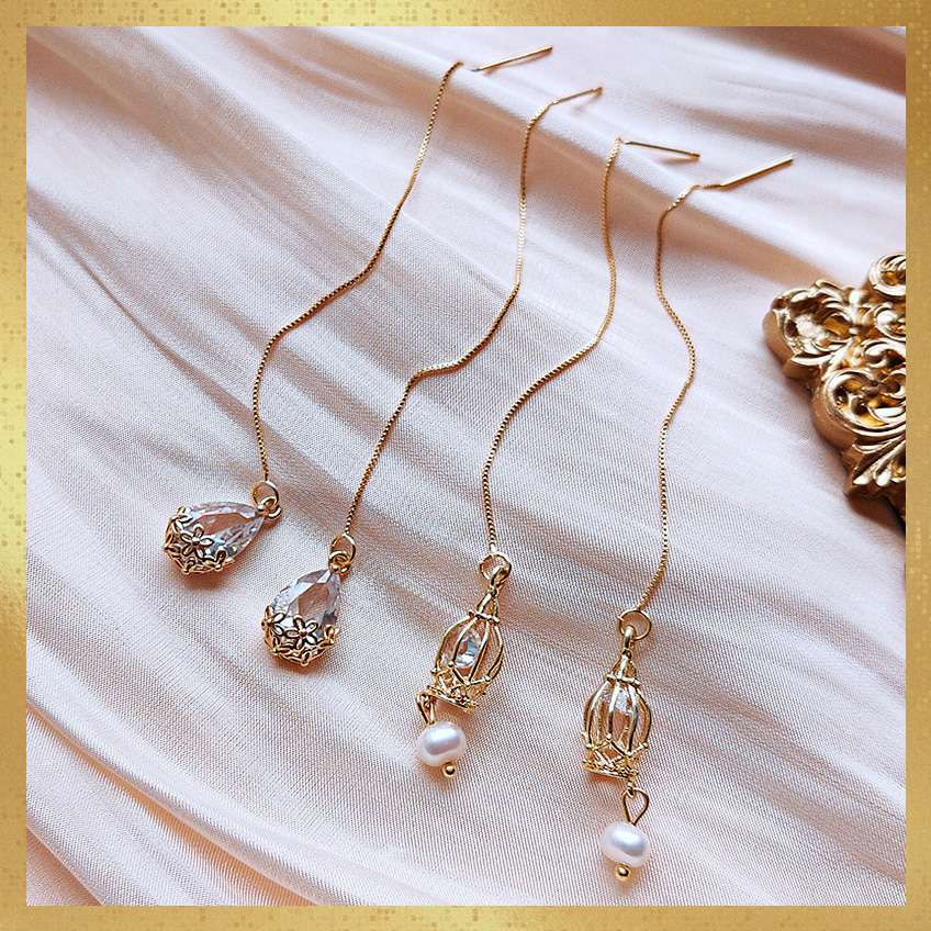 Temperament long water drop ear line retro court baroque pearl zircon earrings simple and versatile braided cage earrings