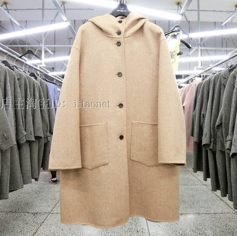 Áo khoác cashmere hai mặt được may thủ công của Hàn Quốc với phần dài trùm đầu trở lại xếp nếp áo khoác len xương cá - Accentuated eo áo