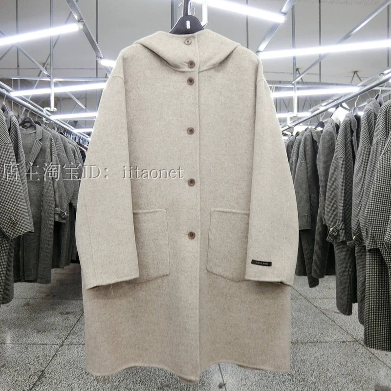 Áo khoác cashmere hai mặt được may thủ công của Hàn Quốc với phần dài trùm đầu trở lại xếp nếp áo khoác len xương cá - Accentuated eo áo