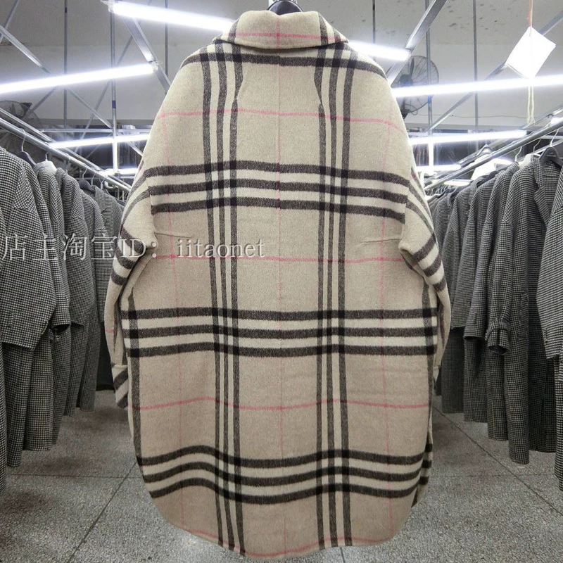 Hàn Quốc khâu tay hai mặt áo cashmere màu kẻ sọc vuông áo len áo sơ mi bóng hình nữ - Accentuated eo áo áo khoác măng tô kaki nữ