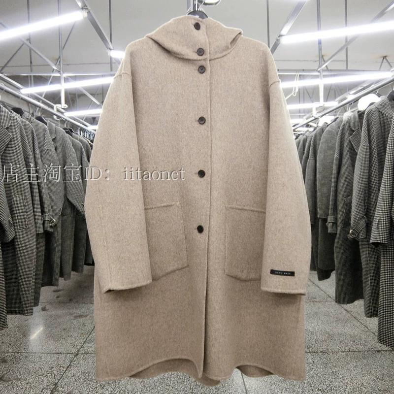 Áo khoác cashmere hai mặt được may thủ công của Hàn Quốc với phần dài trùm đầu trở lại xếp nếp áo khoác len xương cá - Accentuated eo áo