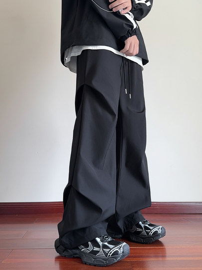 美式机能伞兵裤子男款春秋季大码宽松直筒阔腿裤褶皱工装休闲长裤