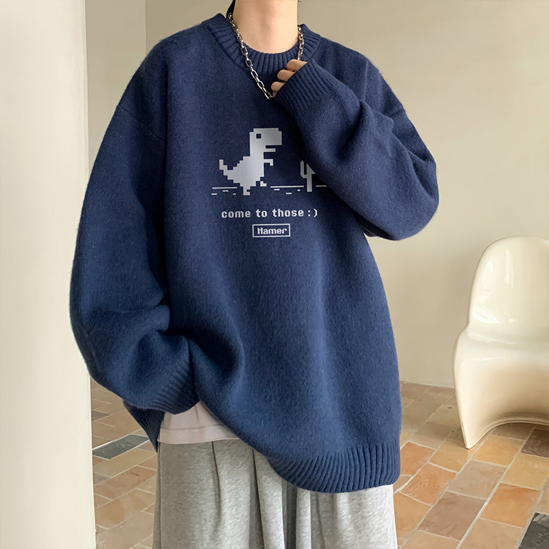 Japanese Style Little Dinosaur Knitwear Men's Autumn and Winter Thickeneded Round Neck Bottoming Knitwear Youth Pullover Inner Top Japanese Style Little Dinosaur Knitwear Men's Autumn and Winter Thickeneded Round Neck Bottoming Knitwear Youth Pullover Inner Top