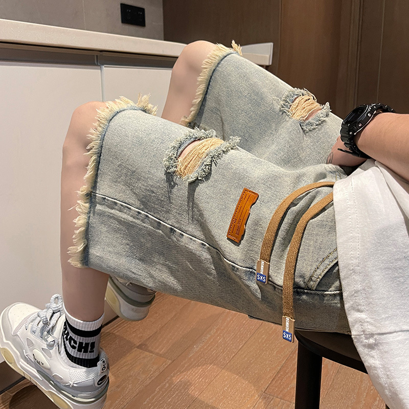 Washed Ripped Denim Shorts for Men, New Summer Style with Frayed Edges, American Trendy Brand, Cool and Casual Pants