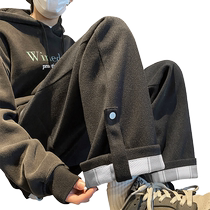 Mens velvet thickened pants mens winter American trendy brand handsome warm boys loose straight sports casual trousers