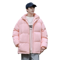 Pink stand-up collar thickened cotton coat mens winter 2024 new trendy brand loose high-end sense bread coat cotton-padded jacket