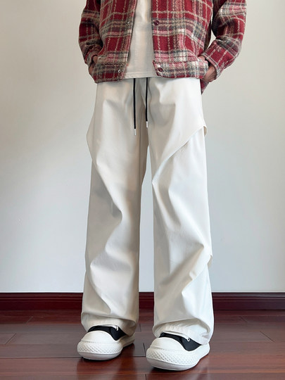 美式机能伞兵裤子男款春秋季大码宽松直筒阔腿裤褶皱工装休闲长裤