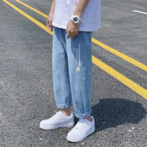 Jeans mens summer thin straight loose Korean trend fashion brand students wide legs nine casual long pants