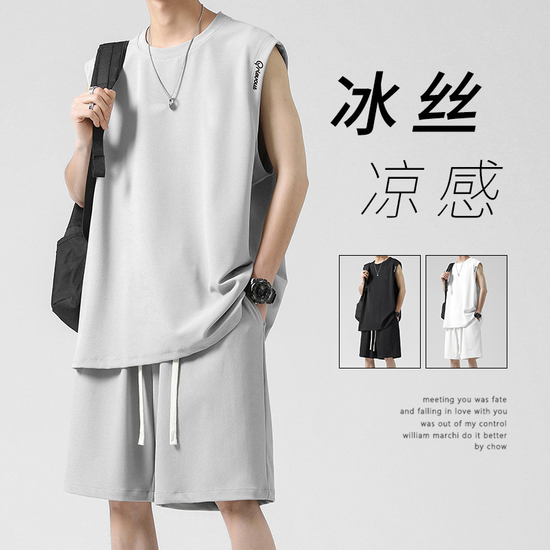 Letter Embroidered Sleeveless T-Shirt for Men, Summer Ice Silk Quick-Drying Basketball Sportswear, Short-Sleeved Shorts, Casual Vest Set