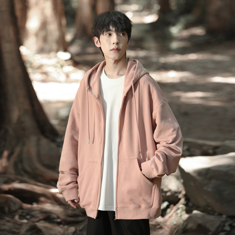 Hooded Cardigan Sweatshirt for Men, Spring and Autumn, American Style Trendy Brand, Loose Fit, Solid Color, Simple Autumn Zip-Up Jacket Top