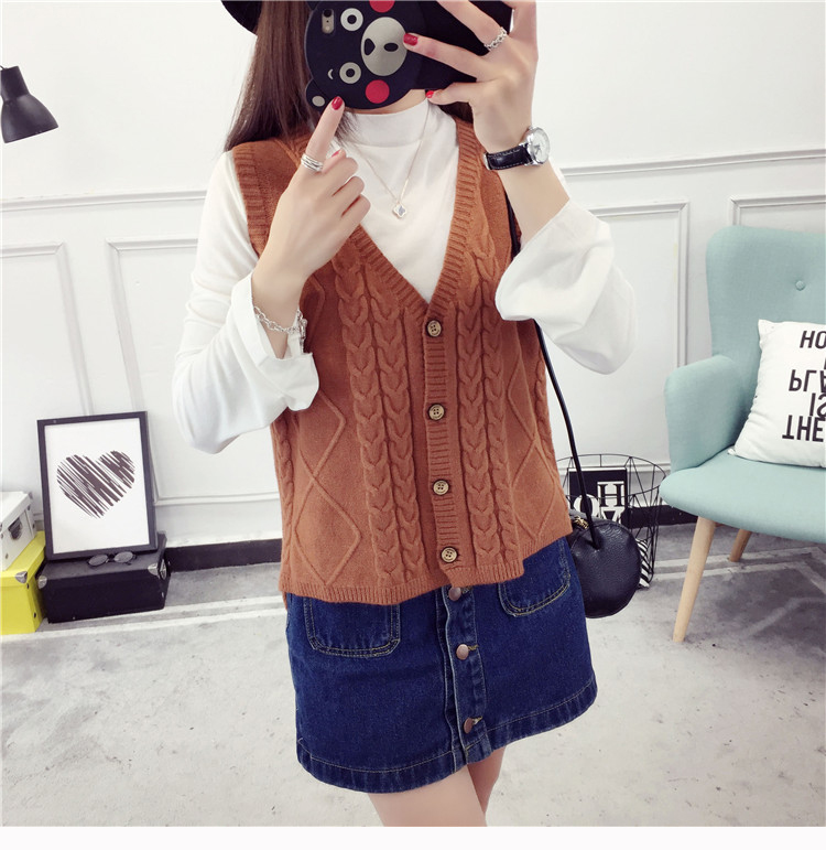 Mùa xuân 2017 mới Hàn Quốc phiên bản áo len dệt kim đan len nữ cổ chữ V ngắn không tay áo len vest vest áo ấm