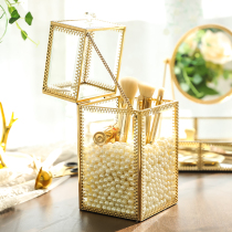 Net red ins retro dustproof glass makeup brush storage bucket metal with lid tube eyebrow pencil storage box to send pearls