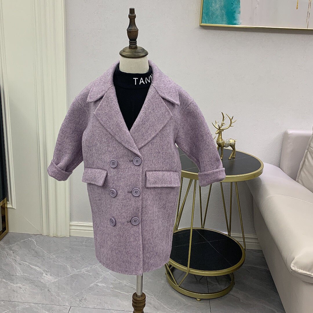 Korean version of girl suit collar double-row buttoned double-sided wool jacket with long version of children bifacial, coat pocket outerwear