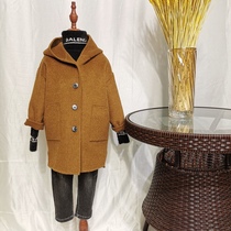 Korean version Children Double-sided wool jacket Single-row buttoned with cap Large coat male and female child medium long cloak large bag cashmere