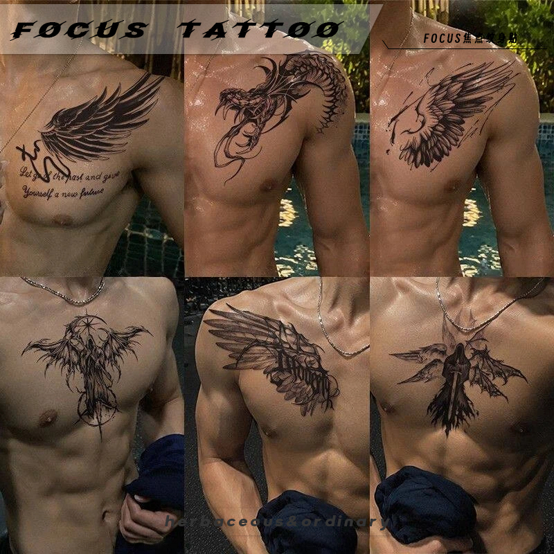 European and American Dark Style Men's Chest and Shoulder Herbal Tattoo Stickers, Semi-Permanent, Non-Reflective, Wings, Snake, Grim Reaper, Waterproof, Long-Lasting Stickers