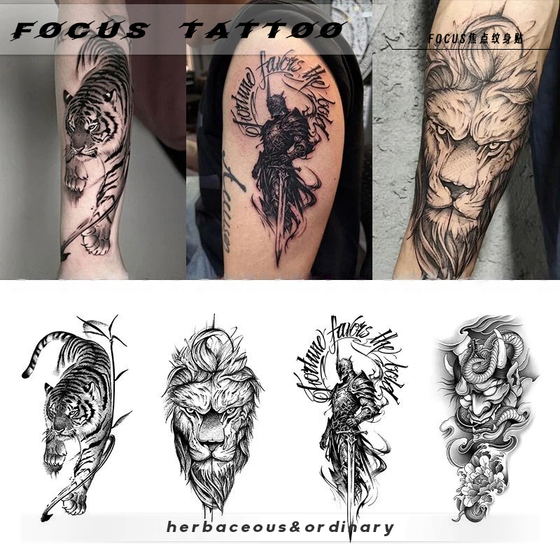 High-End Large-Area Bold Tiger and Lion Herbal Tattoo Stickers for Arms, Waterproof, Long-Lasting, Non-Reflective Stickers for Men and Women