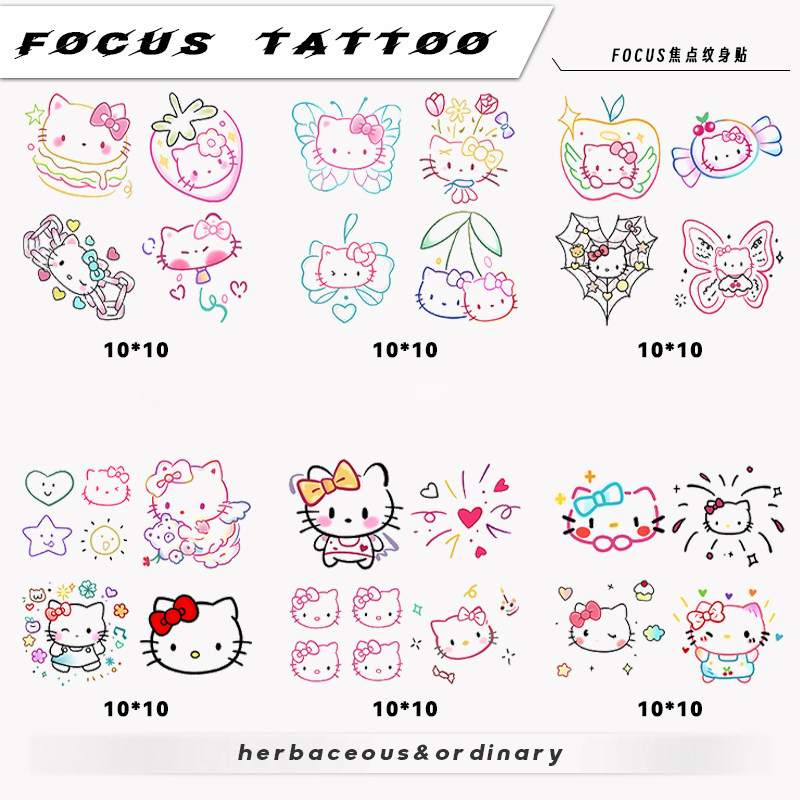 Sweet, Cool, and Cute Girl with Flower Arms, Kitty Cat Cartoon Colorful Tattoo Stickers, Waterproof and Long-Lasting, ins Styles, Washable for Students