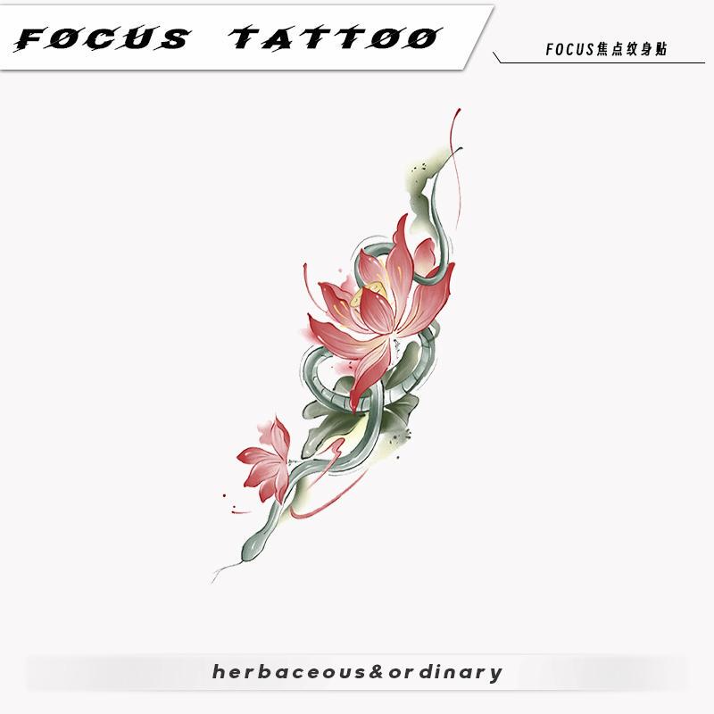 Chinese-Style High-End Ink Painting Snake Winding Around Lotus Arm Collarbone Large Picture Scar-Covering Colorful Tattoo Stickers for Women, Waterproof and Long-Lasting