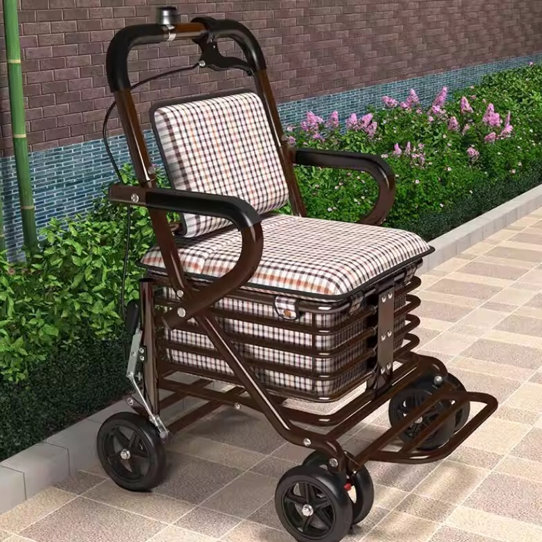Elderly People Use Strollers for Transportation, Which Can Be Used as a Walking Aid with Four Wheels, Foldable, and Can Be Pushed by Others, with a Soft Seat for the Elderly