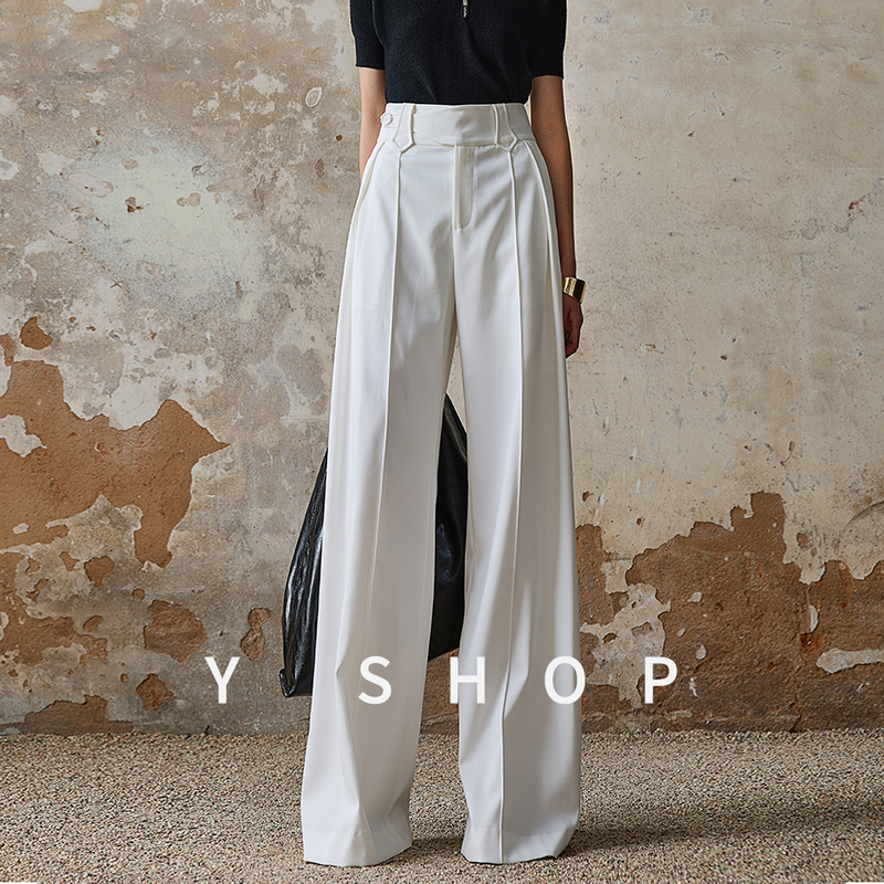 Wei Pu Shiren Light Luxury High-End Long-Leg Version Wide High-Waisted Tencel Wool Three-Dimensional Center-Line White Wide-Leg Pants for Women