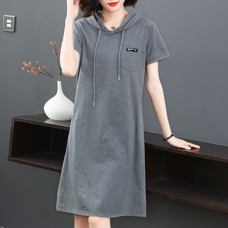 Pure Cotton Hooded Short-Sleeved Dress 2026 Summer New Casual Loose Mid-Length Sweatshirt Dress Plus Size Women's Clothing Pure Cotton Hooded Short-Sleeved Dress 2026 Summer New Casual Loose Mid-Length Sweatshirt Dress Plus Size Women's Clothing
