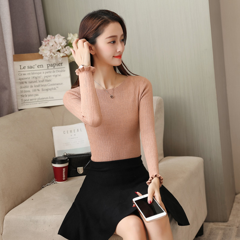 Mùa thu và mùa đông phụ nữ mới thân hình thon gọn cổ áo len phần ngắn tay dài đầu rắn màu áo len lá sen tay áo đáy - Vòng cổ áo len áo len nữ form rộng