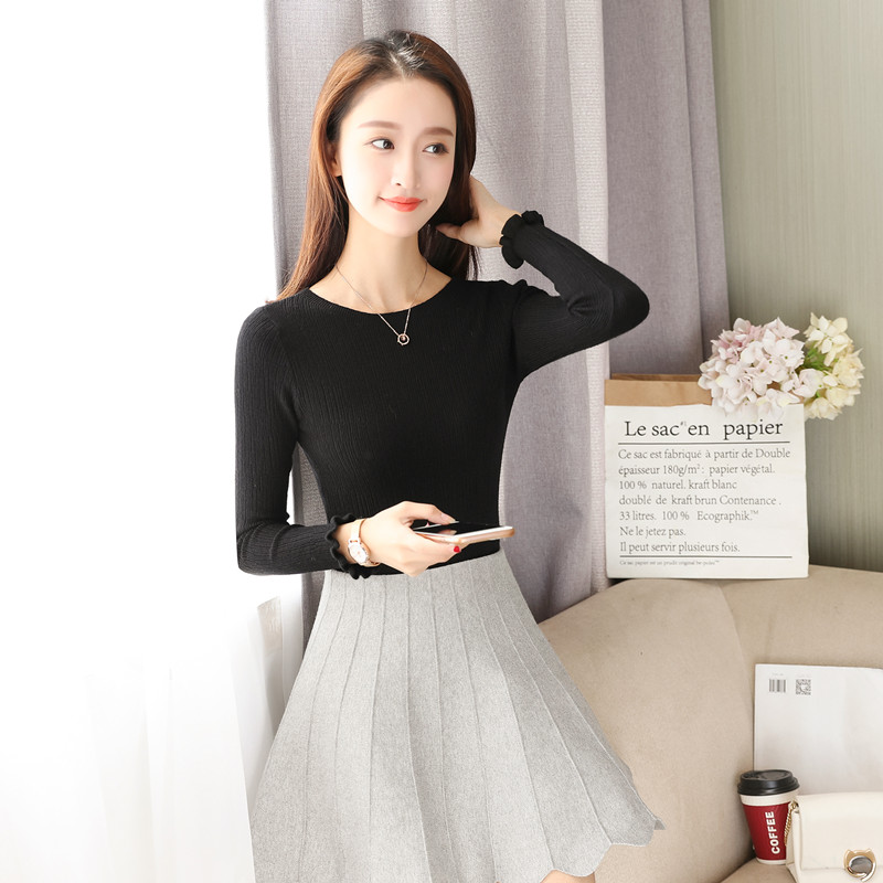 Mùa thu và mùa đông phụ nữ mới thân hình thon gọn cổ áo len phần ngắn tay dài đầu rắn màu áo len lá sen tay áo đáy - Vòng cổ áo len áo len nữ form rộng