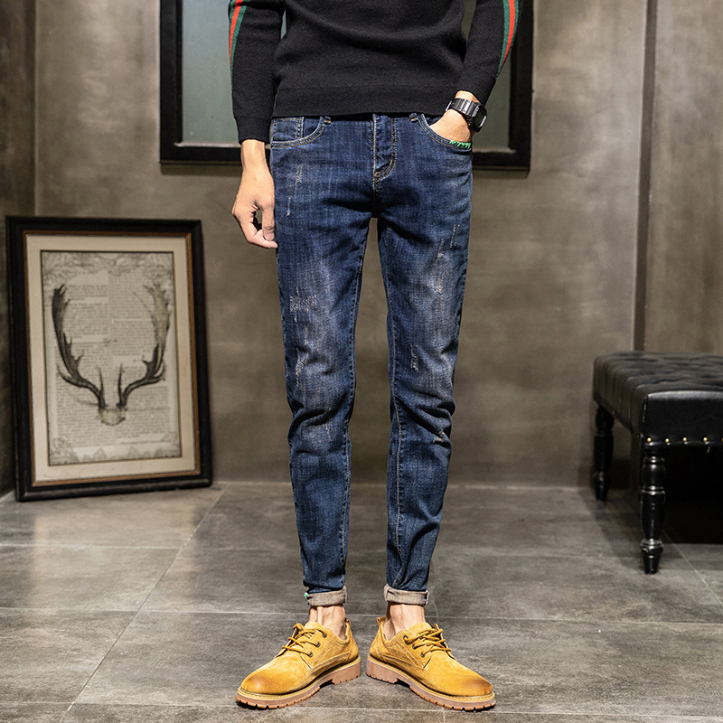 Hong Kong Chaoty Pants Thin men's jeans Chauffes Han version Body Pants Trousers Long Pants Trendy Blue 100 Hitch Pants