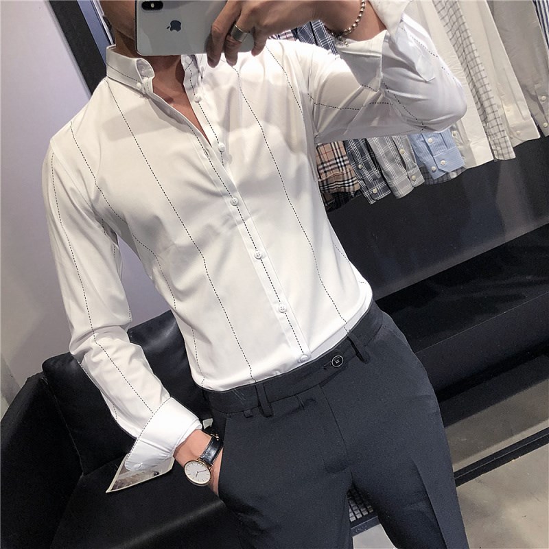 Hong Kong shirt male sleeve mended Han edition of the trendy handsome suit shirt Business dress casual vertical striped shirt