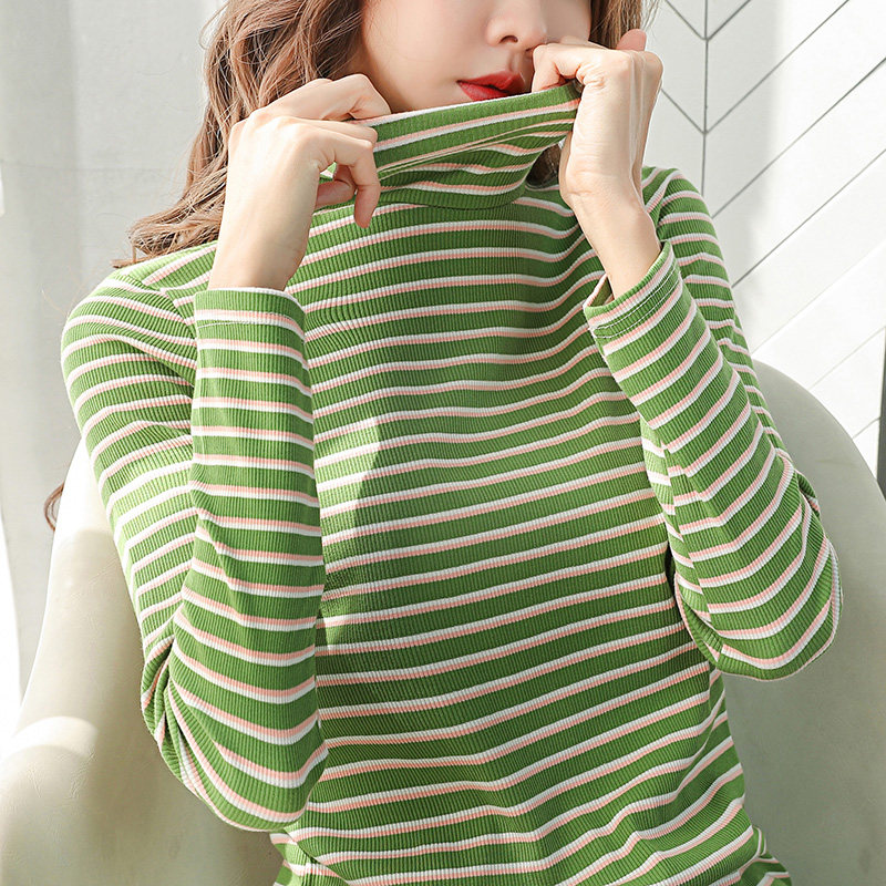 High collar striped inside lap dresses 2021 Early autumn new Korean version 100 lap pure cotton T-shirt woman long sleeve clothes inside lap
