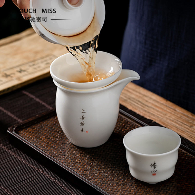 Touch MissChinese Goat Fat White Jade Tea Set Brief Ceramic Cover Bowl Combined Clothing Household Thin-Fetal Kung Fu Tea Instrumental-Taobao